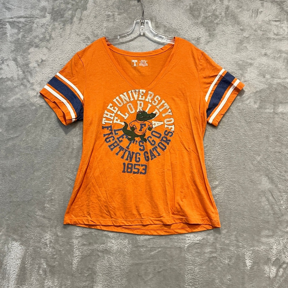 University of Florida Gators Shirt Womens XL Orange V-Neck Graphic Stripe Sleeve